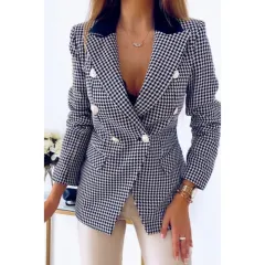 Women's Houndstooth Blazer Pocket Coat - Black - View 1