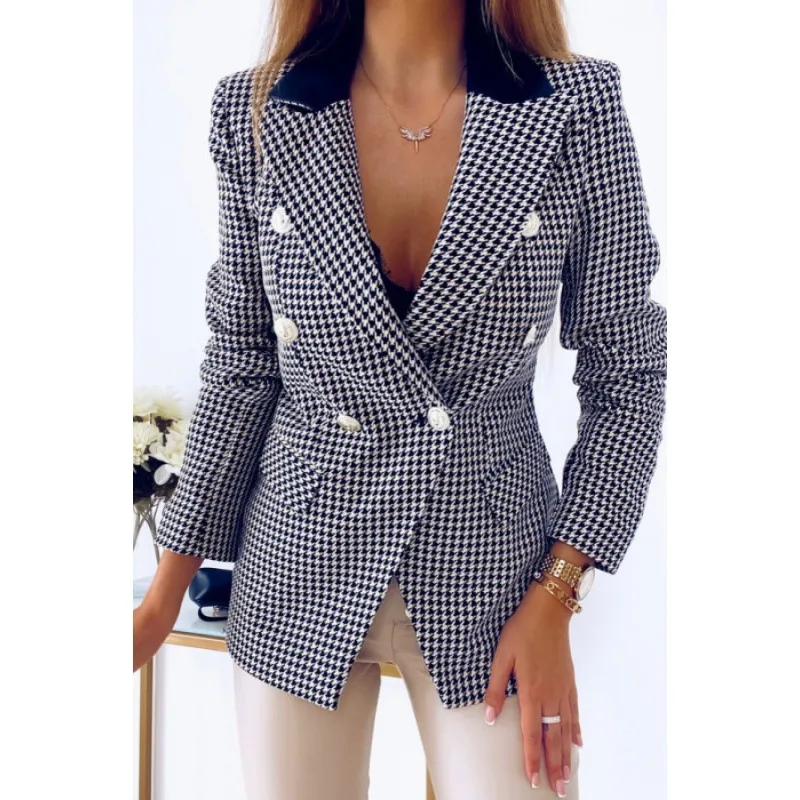 Women's Houndstooth Blazer Pocket Coat - Black