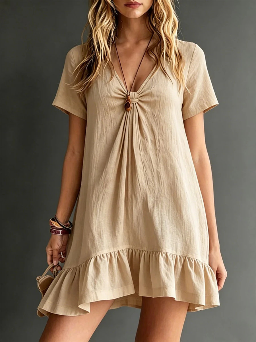 Women's V-Neck Short-Sleeve Midi Dress in Black – ice silk crepe loose casual solid color