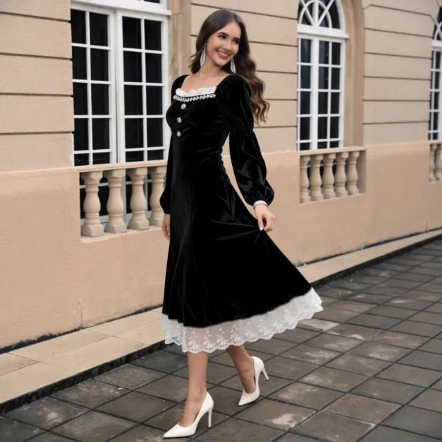 Black French Velvet Waist Cinching Elegant Long Dress Black - Shop at LoveMi