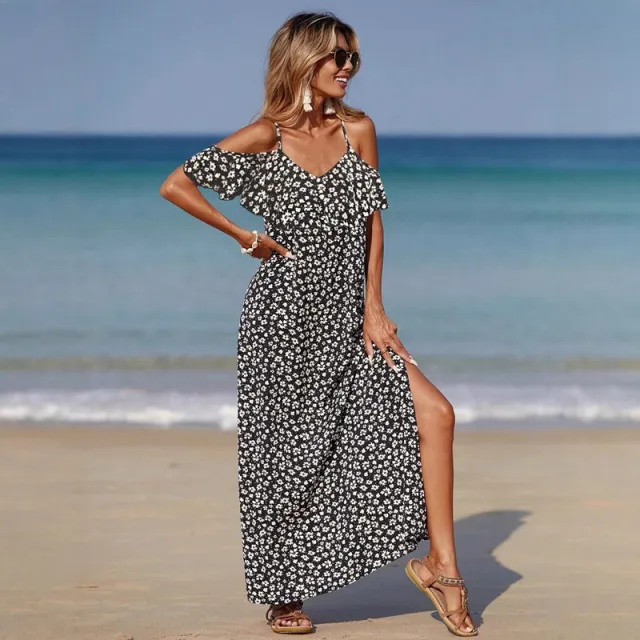 European And American Spring And Summer Leisure Floral Vacation Style Sling Dress Black - Shop at LoveMi