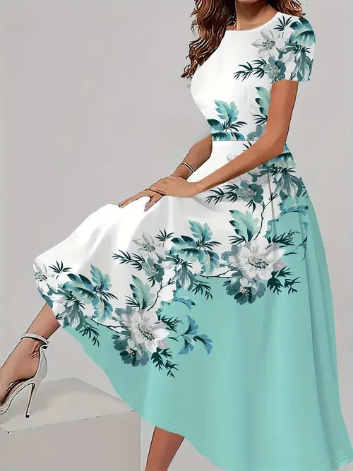 Trendy Casual All matching Floral Pattern Short Sleeve Round Neck Dress Wf008Rq250226Y056 - Shop at LoveMi