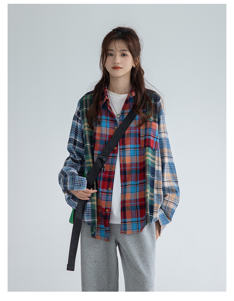 Women's Fashion Retro Spliced Plaid Blouse