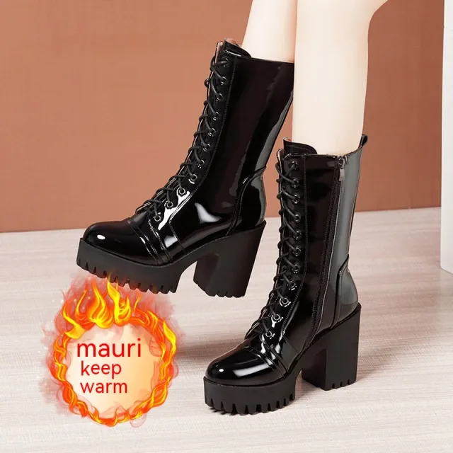 Leather High Heel Mid calf Boots For Women Lace up Patent Leather Wool Lining 33 - Shop at LoveMi