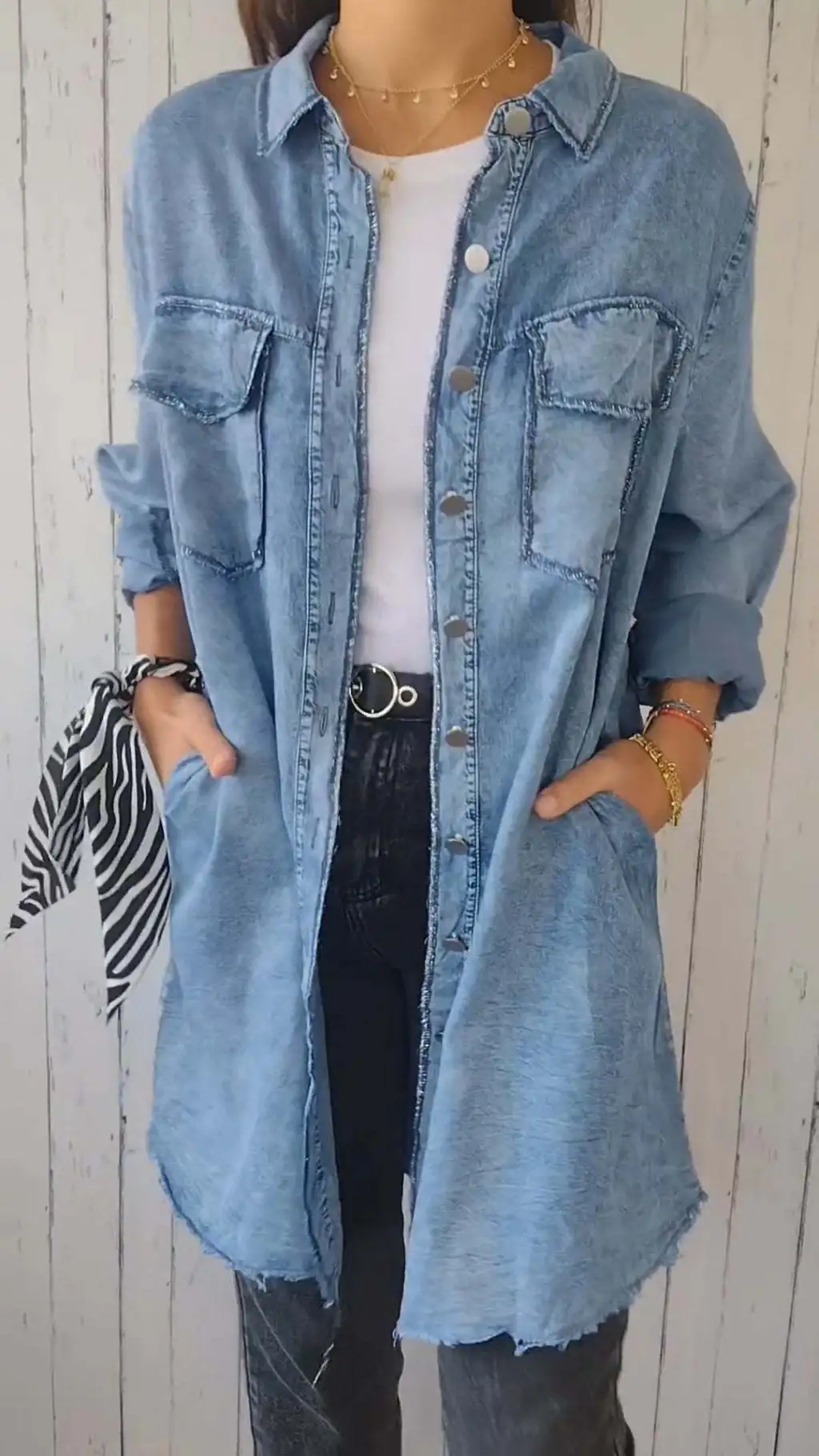 Jean-like Cloth Casual Long Shirt Coat - Blue