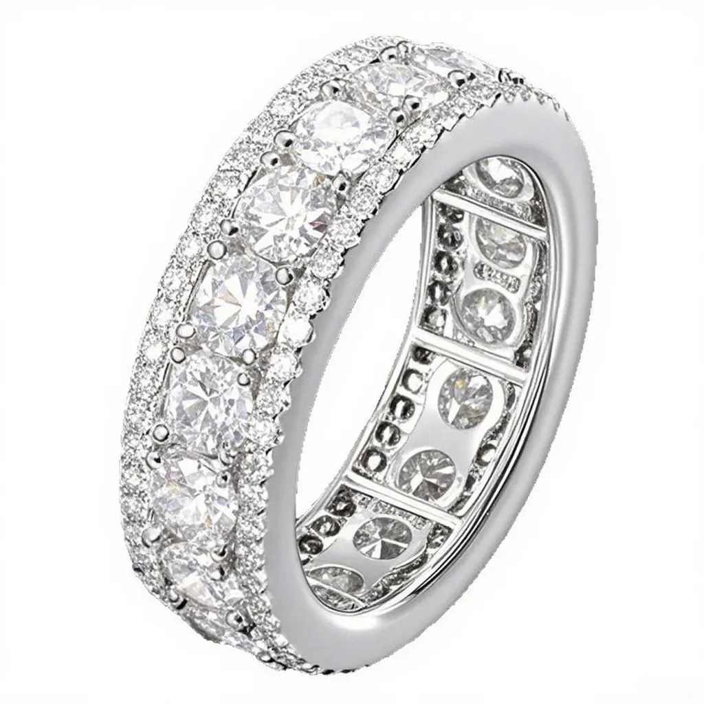 European And American-style Hip-hop Micro-paved Three-row Faux Spinning Ring - White Gold Color