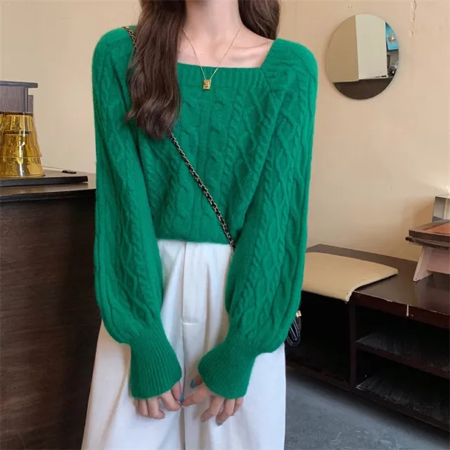 Women's Twist Square Collar Sweater Green - Shop at LoveMi