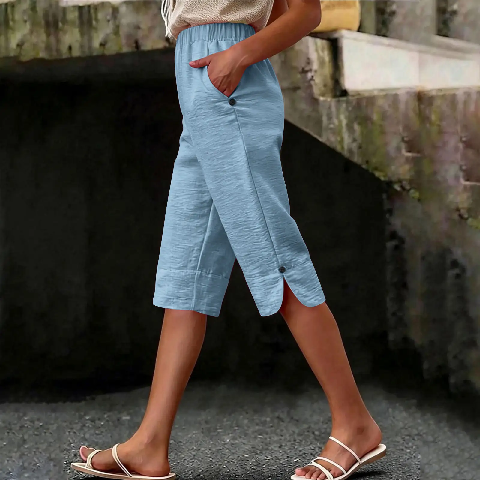 Womens Summer High-waisted Elastic Straight-leg Casual Pants