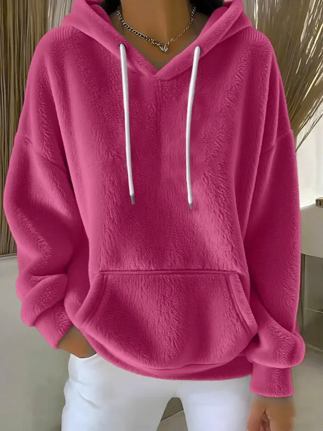 Women's Solid Color Lamb Fleece Lined Versatile Sweatshirt For Autumn And Winter Rose Red - Shop at LoveMi