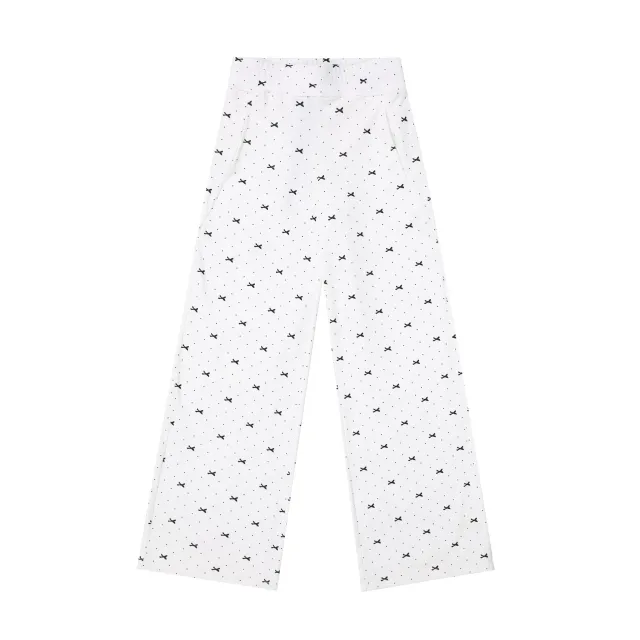 Polka Dot Bow Full Printed Design Loose Casual Wide leg Trousers White - Shop at LoveMi