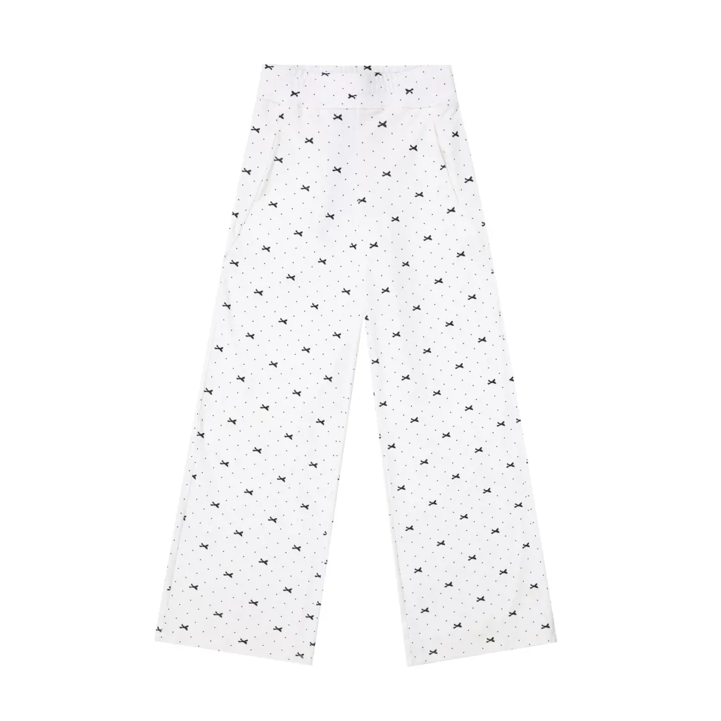 Polka Dot Bow Full Printed Design Loose Casual Wide-leg Trousers - White