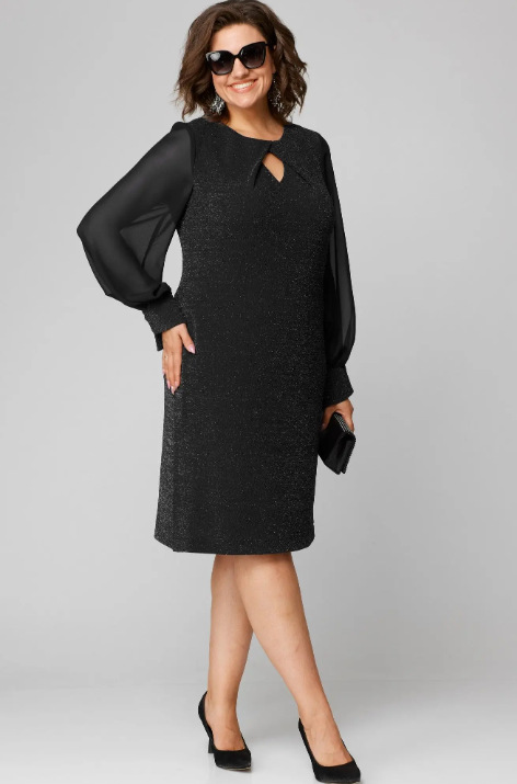 Solid Color Dress Mesh Chiffon Long Sleeve Round Neck Black - Shop at LoveMi
