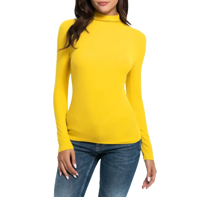 Women's Casual Long sleeved Turtleneck Solid Color Top Bottoming Shirt Yellow - Shop at LoveMi