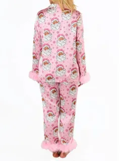 Women's Satin Printed Santa Claus Casual Suit Pajamas - Pink - View 1