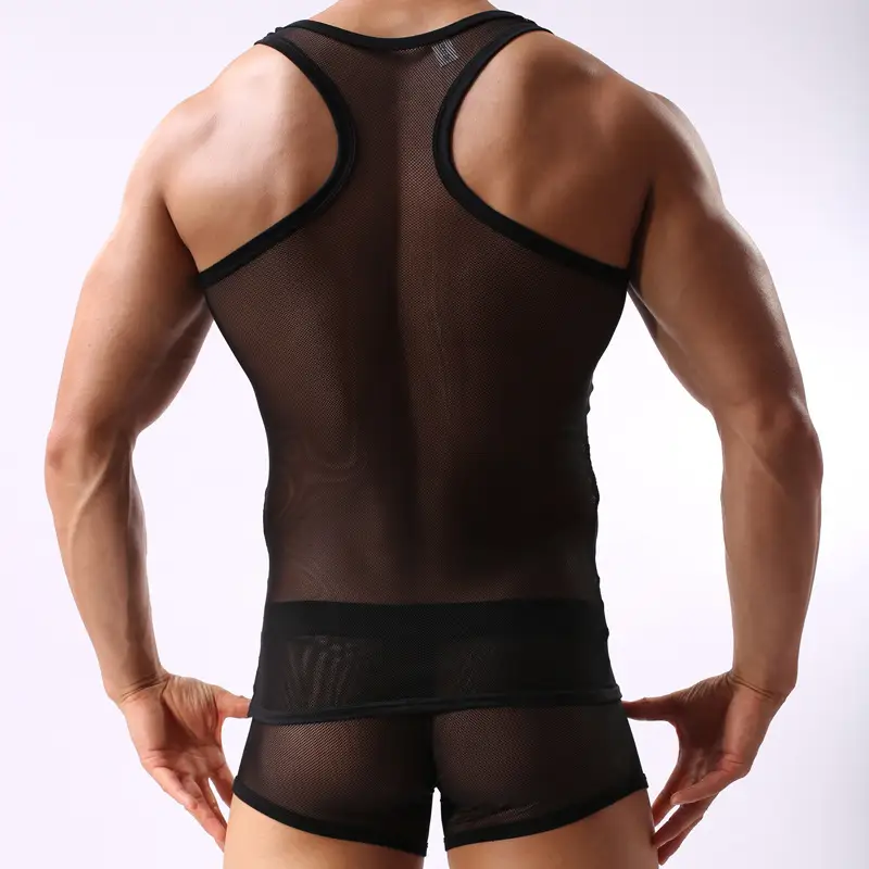 Fitness Transparent Cutout Mesh Men's Underwear Mesh Style For Sports Hurdles Vest Shorts Set