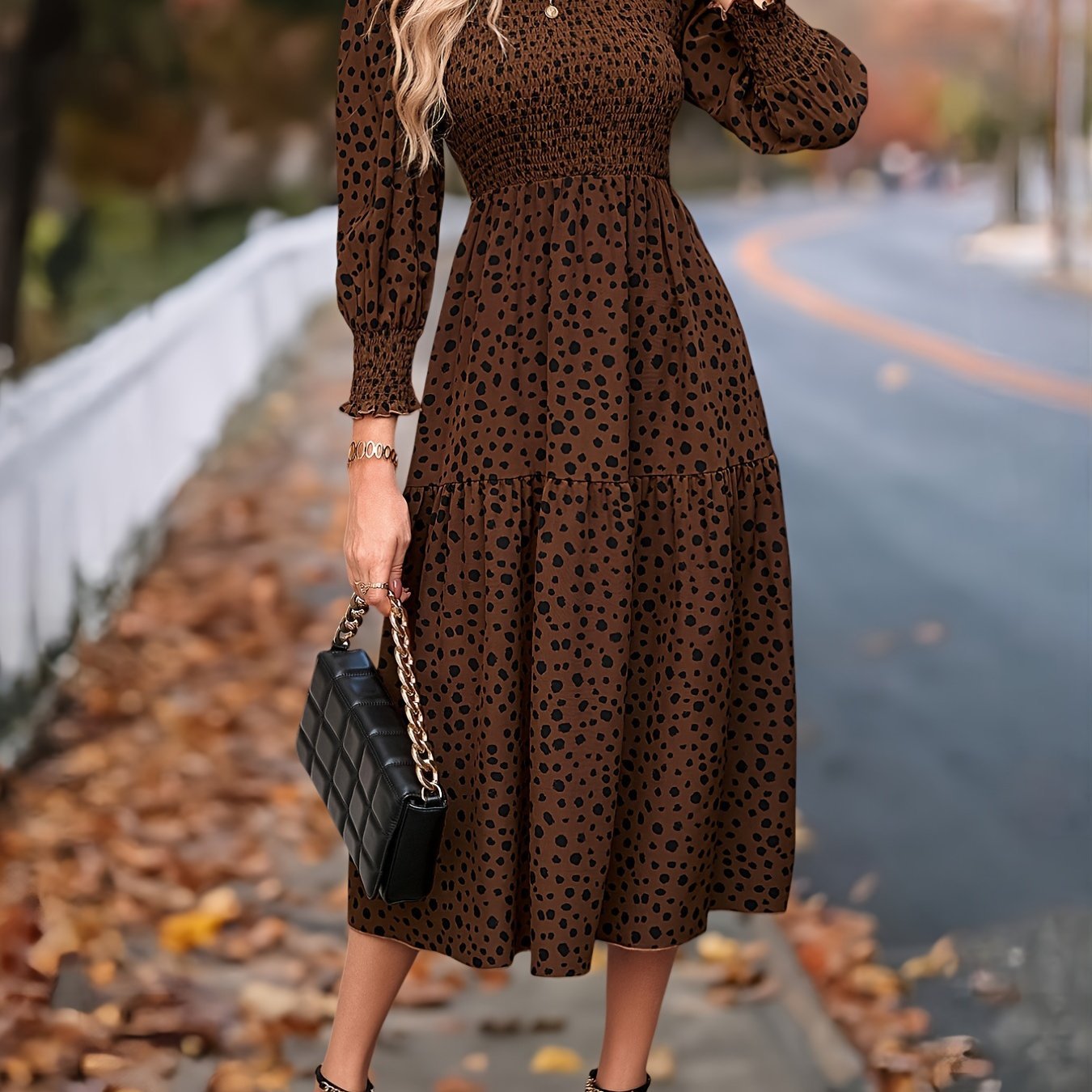 Women's Clothing Leopard Print Long Sleeve Dress Darkbrown - Shop at LoveMi