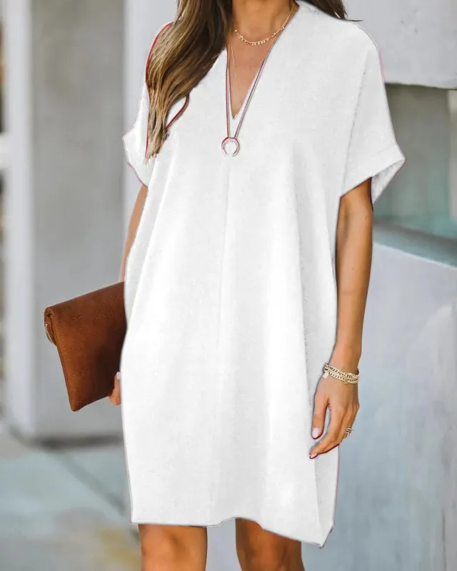 Casual V n Collar Short Sleeve Home Decoration Dress White - Shop at LoveMi