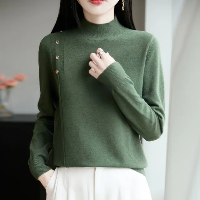 Semi high Collar Knitted Women's Innerwear Base Sweater Green - Shop at LoveMi