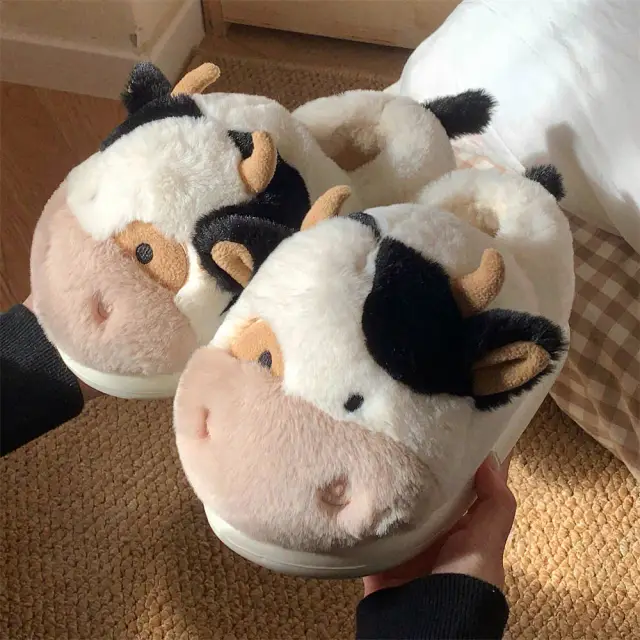 Fleece Lined Thermal Soft Bottom Home Cute Dairy Cattle Cotton Slippers White - Shop at LoveMi