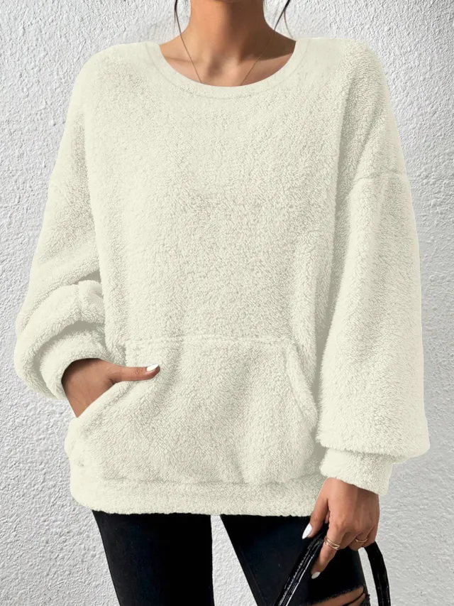 Fashion Solid Color Round Neck Long Sleeve Milky White - Shop at LoveMi