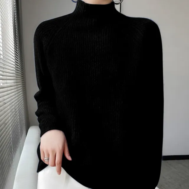 Pure Wool Half Turtleneck Pullover Solid Color Simple Bottoming Sweater Black - Shop at LoveMi