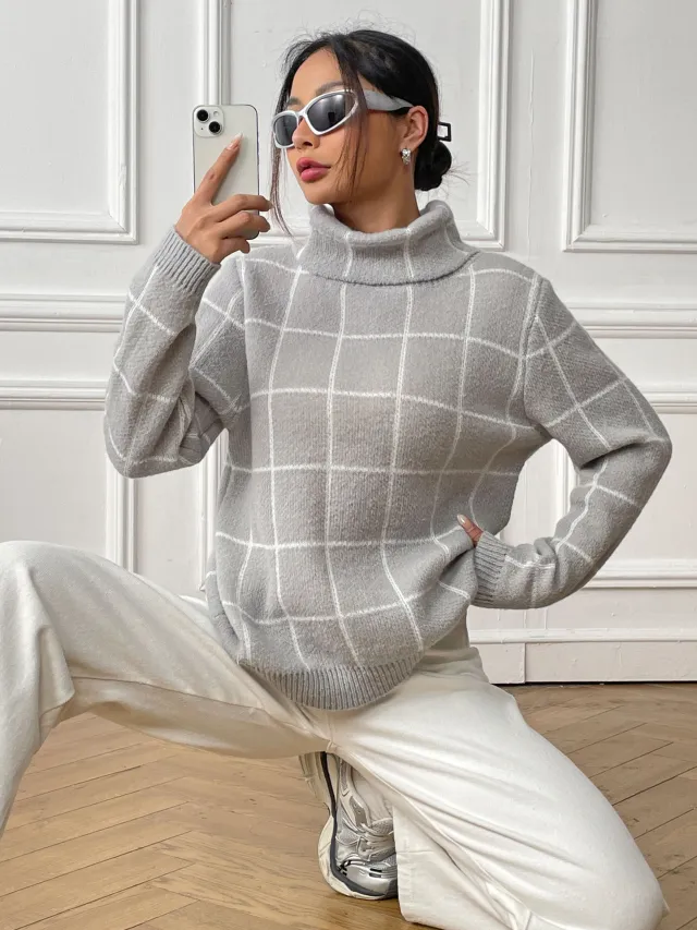 Women's Pullover Color contrast Check Turtleneck Sweater Gray - Shop at LoveMi