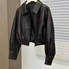 Black Soft Leather Spring And Autumn Coat Woman Square-neck Zip Leather Jacket - Black - View 1