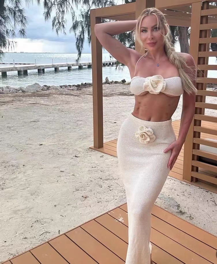 Tube Top Knitted Hollow Flower High Waist Suit Women