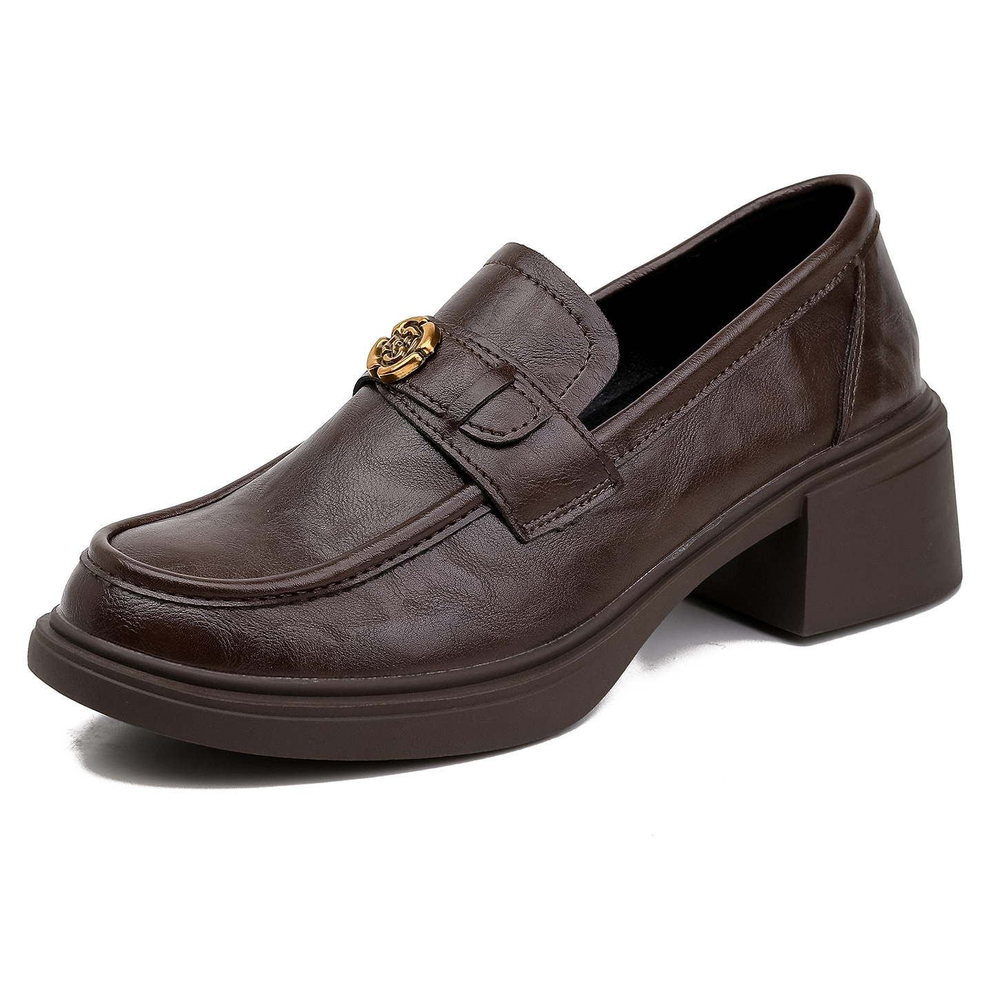 Chunky-heel Slip-on Leather Shoes With Thick Soles