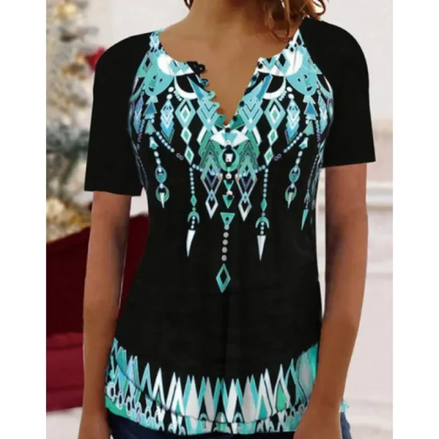 Women's Digital Printed V neck Button Short sleeved Top Trm21 4Xl - Shop at LoveMi