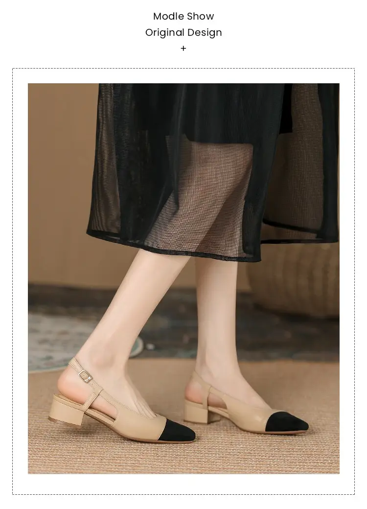 Leather Toe Cap French Style Chunky Heel Color Matching Women's Shoes
