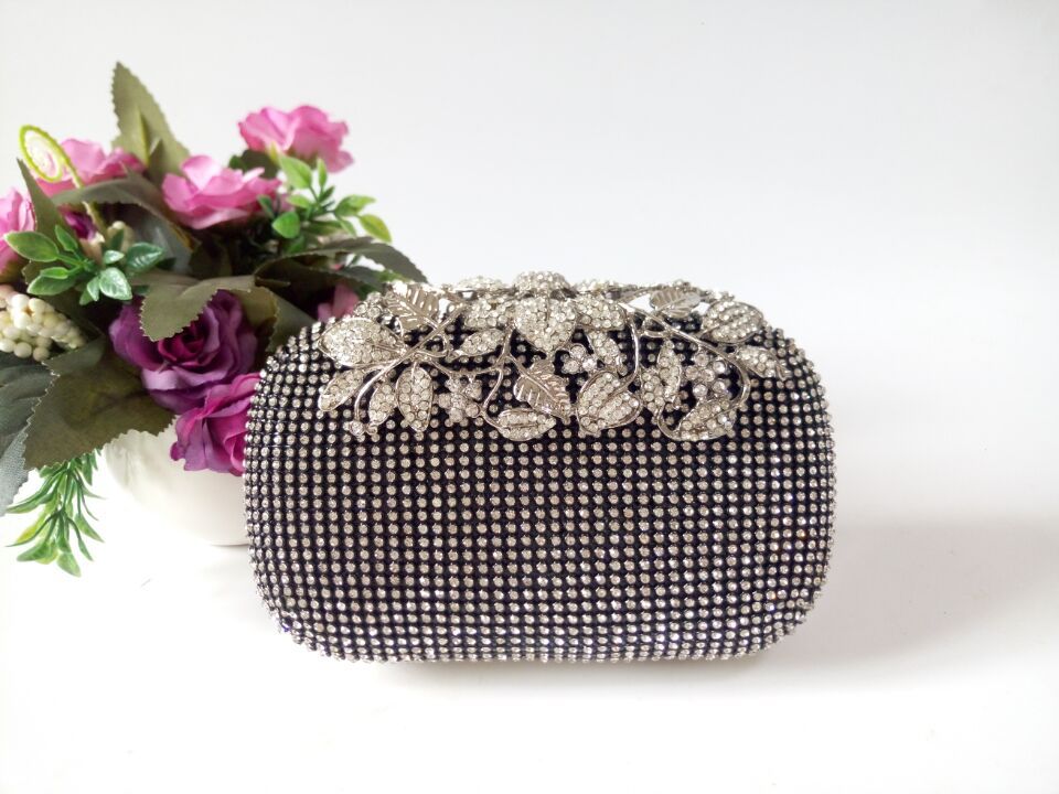 Leaf shaped Flowers Diamond Dinner Clutch Black - Shop at LoveMi