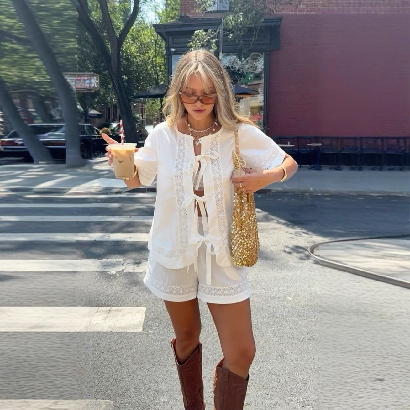 Women's Casual Lace up Cutout Solid Color Short sleeved Top Shirt Shorts Two piece Set White - Shop at LoveMi