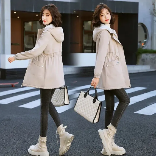 Winter Heavy Industry Fleece lined Mid length Trench Coat Lamb Wool Cotton Coat Apricot - Shop at LoveMi