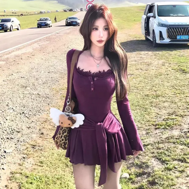 Fashionable Street style Outfit Coat Suspender Dress For Sassy Girls Purple - Shop at LoveMi