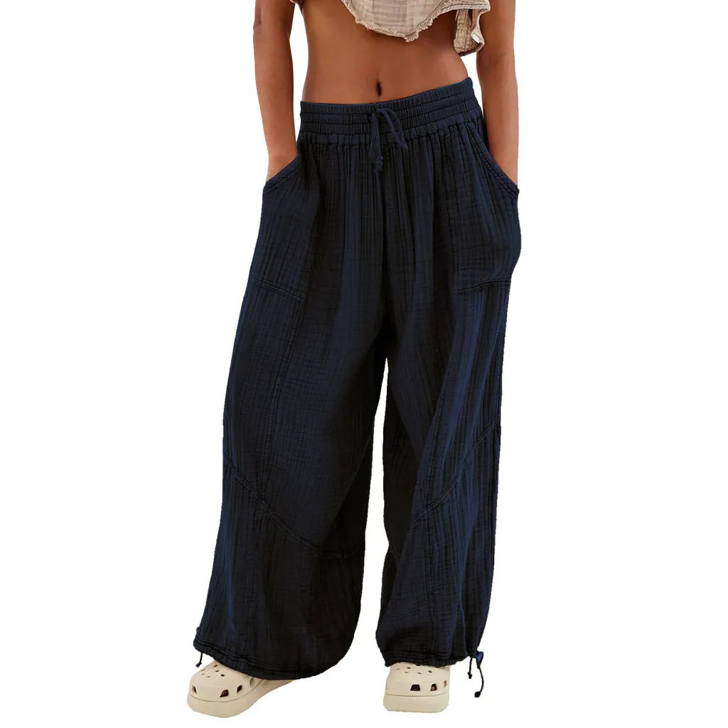 Women's Fashion Solid Color Lace-up Pocket Wide Leg Pants - Navy