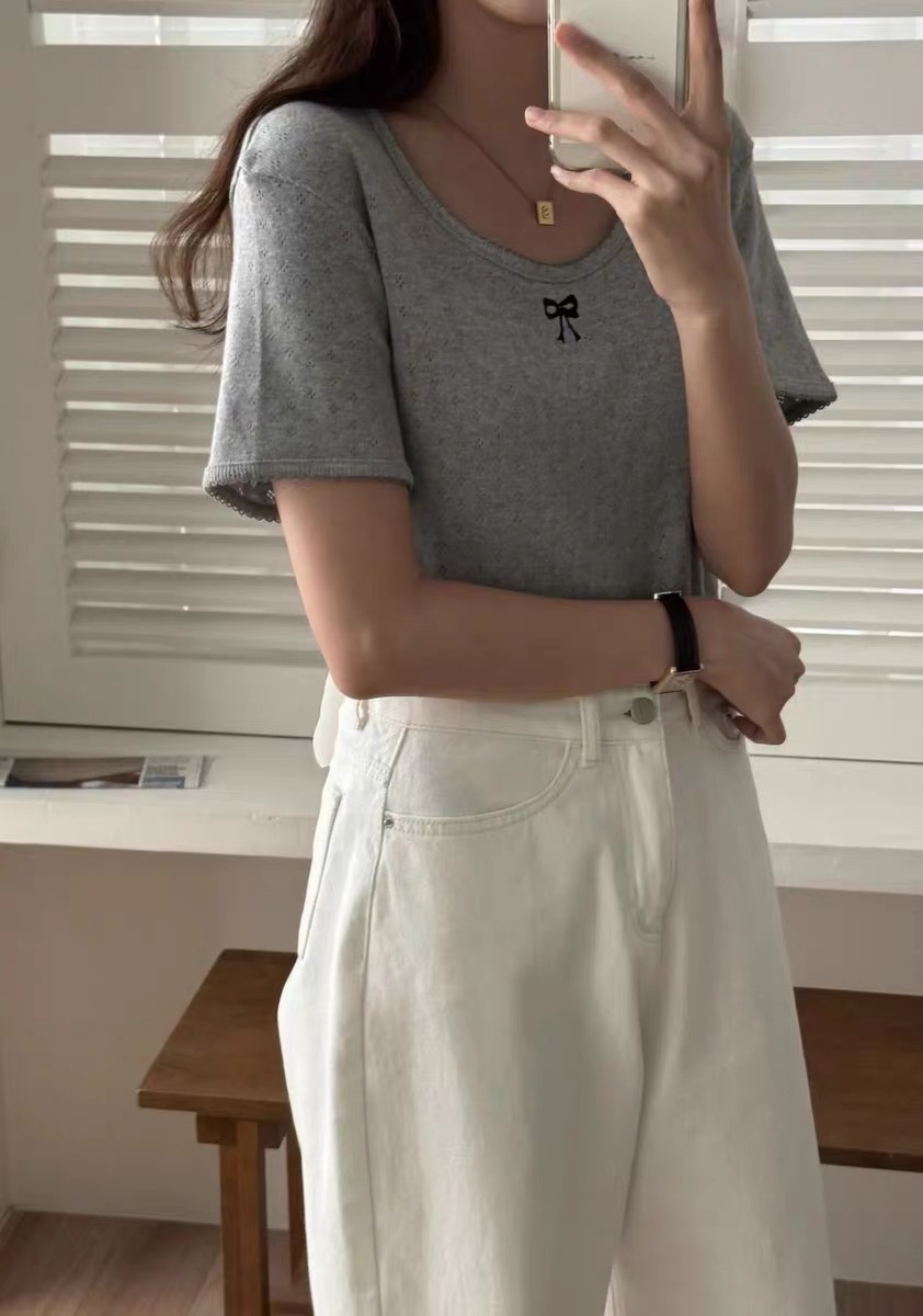 Summer Bow Age-reducing Solid Color Short Sleeve New Lace-collared Blouse