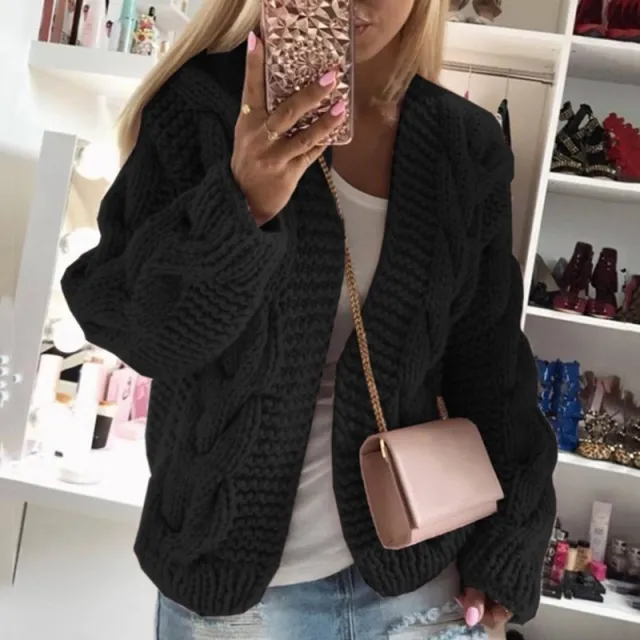 Sweater Women's Thick Thread Twist Knitted Cardigan Sweater Black - Shop at LoveMi