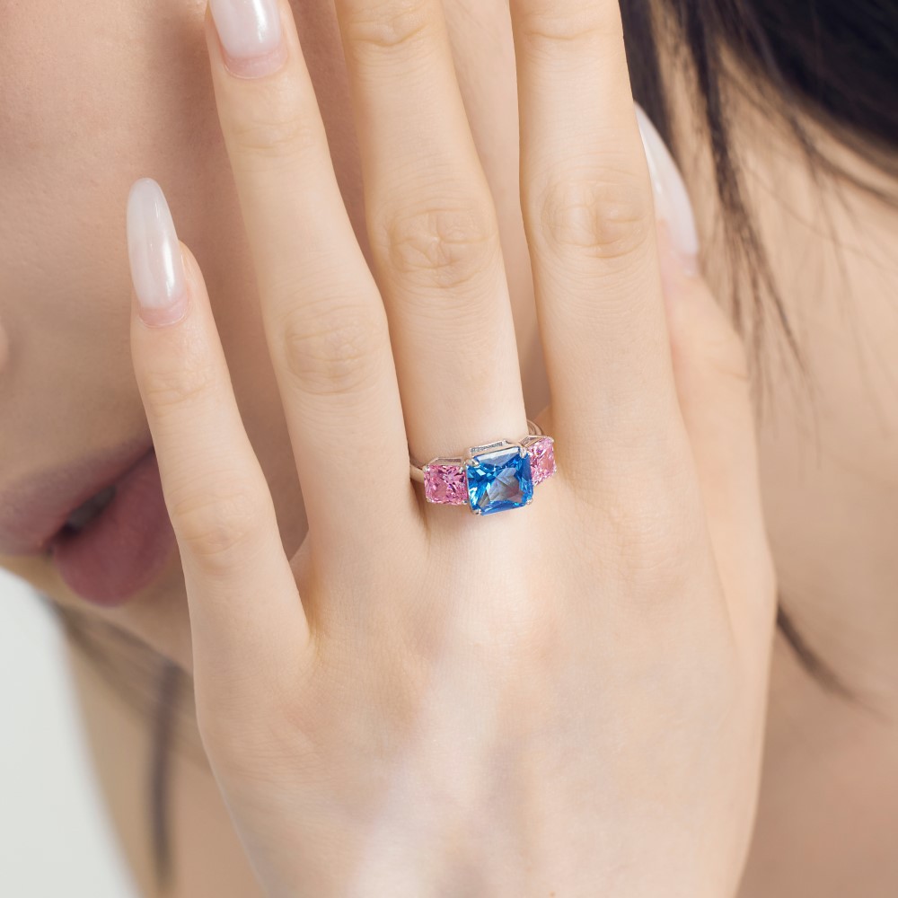 Silver S925 Square Blue Inlaid Simple Personality Design Sterling Silver Ring