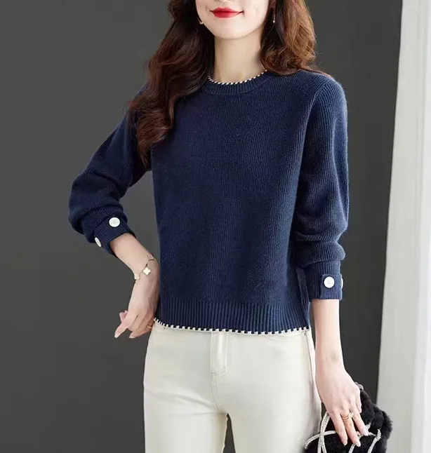 Women's Knitwear Simple Crew Neck Pullover Sweater Navy Blue - Shop at LoveMi