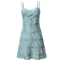 Dress Ice Silk Satin Flower Cutout Sling Zipper - Light Green - View 1