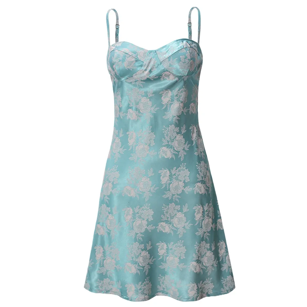 Dress Ice Silk Satin Flower Cutout Sling Zipper - Light Green