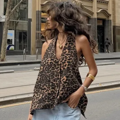 Leopard Print V neck Halter Sleeveless Vest Printing - Shop at LoveMi