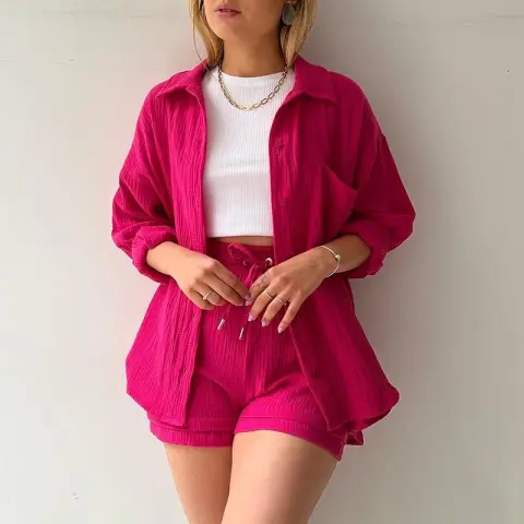 Spring Champray Lapel Long Sleeve Shirt High Waist Drawstring