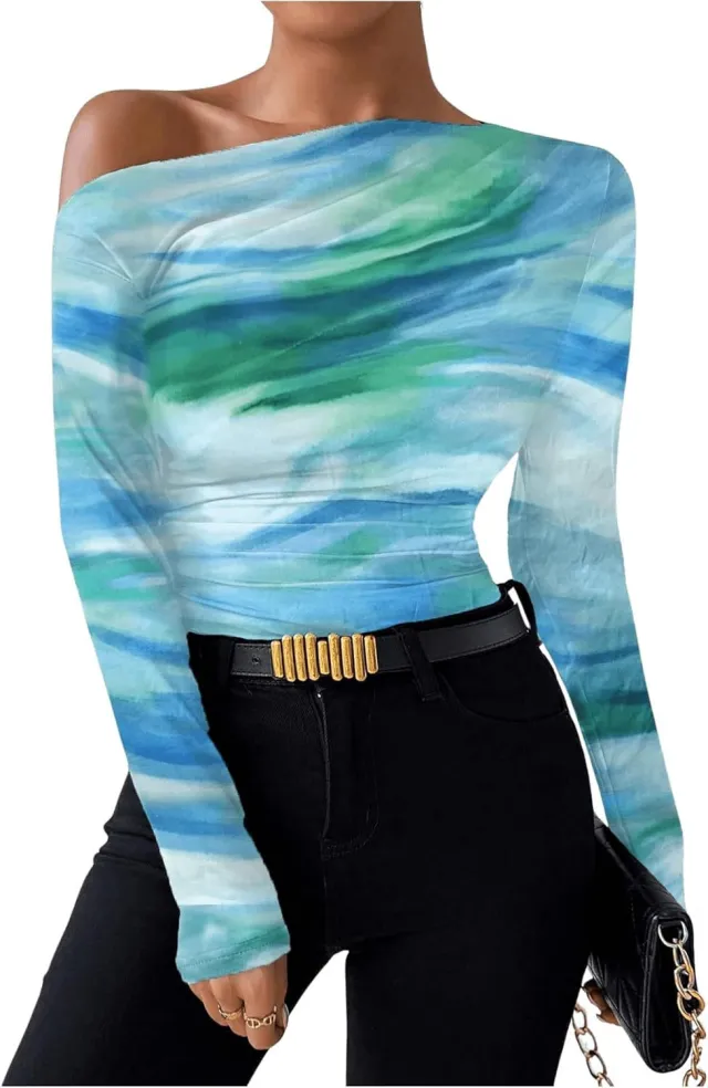 New Fashion Tie dye Printed Asymmetric Ruffled Long sleeved T shirt Blue - Shop at LoveMi