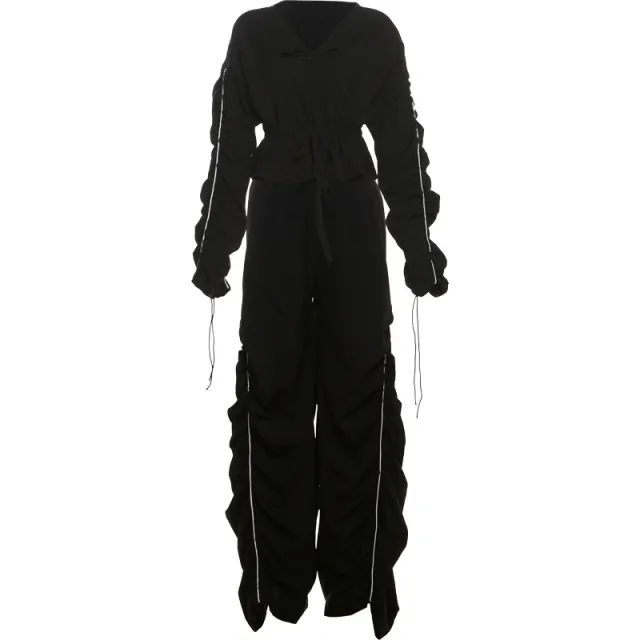 Deep V neck Lace Up Long Sleeve Top High Waist Suit Black Suit K24S53880 - Shop at LoveMi