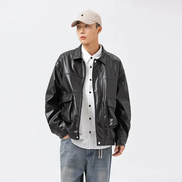 Workwear Men's Loose Pu Stand Collar Jacket Black - Shop at LoveMi