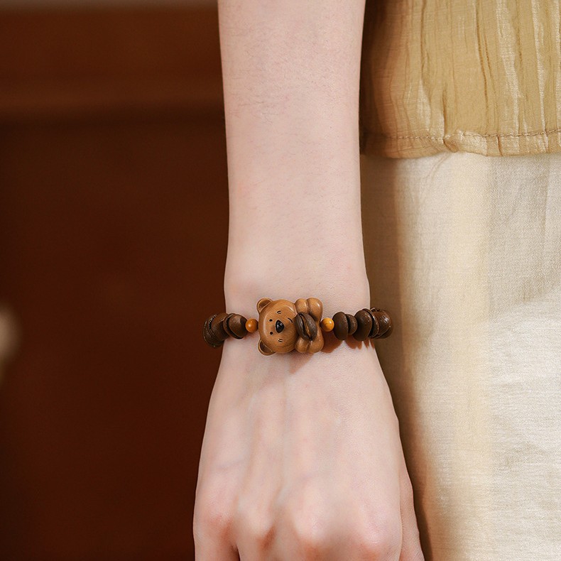 Handcrafted Peachwood Bear Head Bracelet with Natural Coffee Bean Beads 3