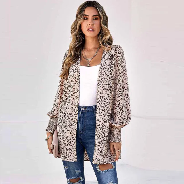 Women's Fashion Casual Leopard Print Lantern Sleeve Pleated Jacket Leopard - Shop at LoveMi