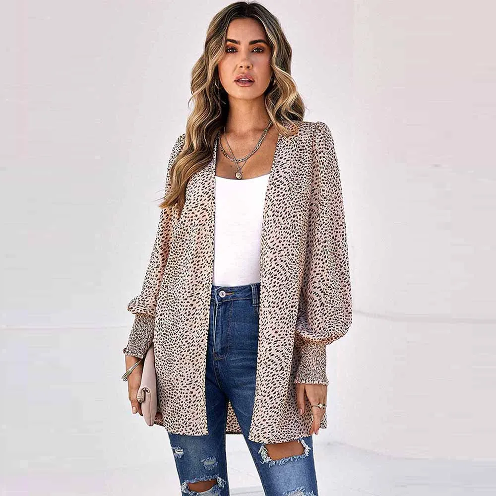 Women's Fashion Casual Leopard Print Lantern Sleeve Pleated Jacket - Apricot